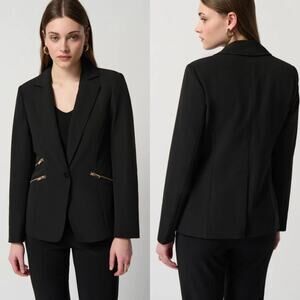 Joseph Ribkoff Classic Black Woven Blazer Gold Zippers Size 10 NWT